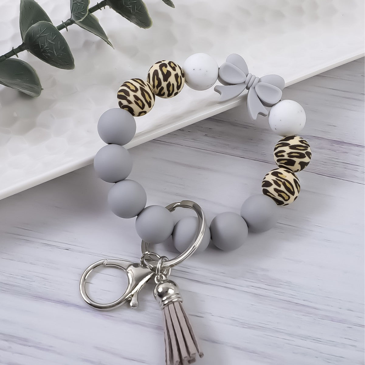 Wholesale Colorful Bow Leopard Print Silicone Beaded Tassel Bracelet Keychain